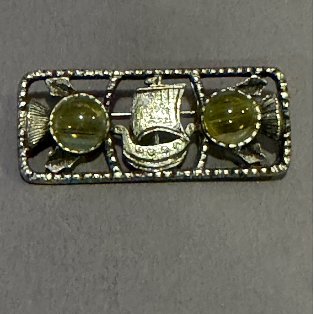 Viking Longship Brooch Unisex Silver Tone Green Yellow Thistle Pin